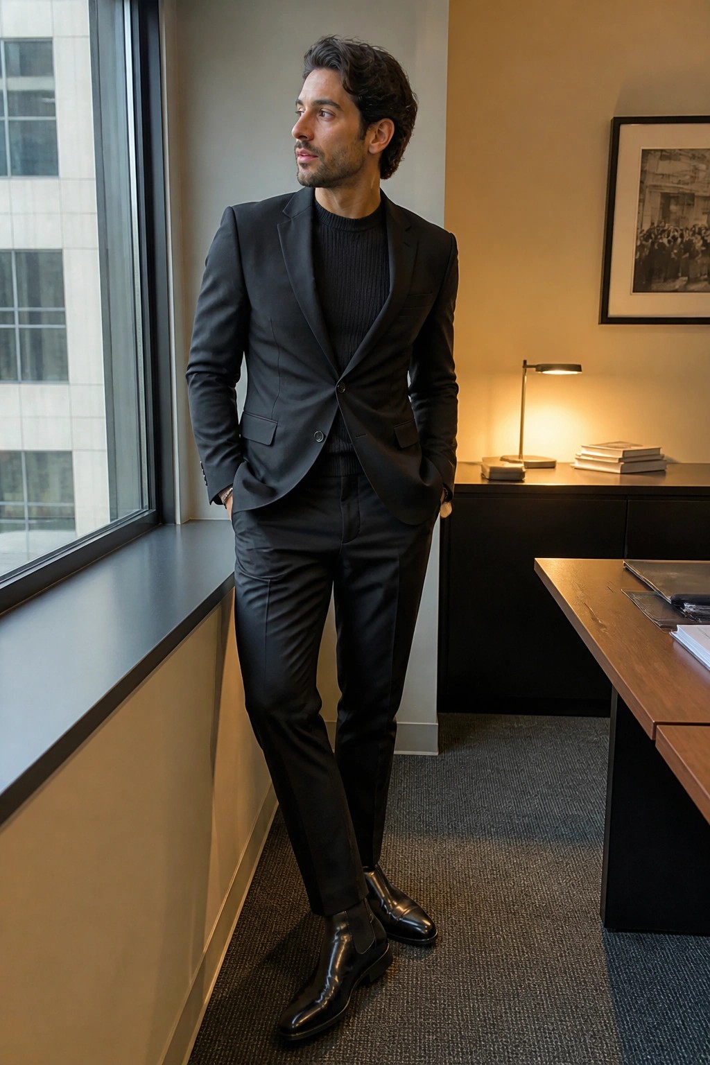Man in black suit and sweater stands in modern office by window