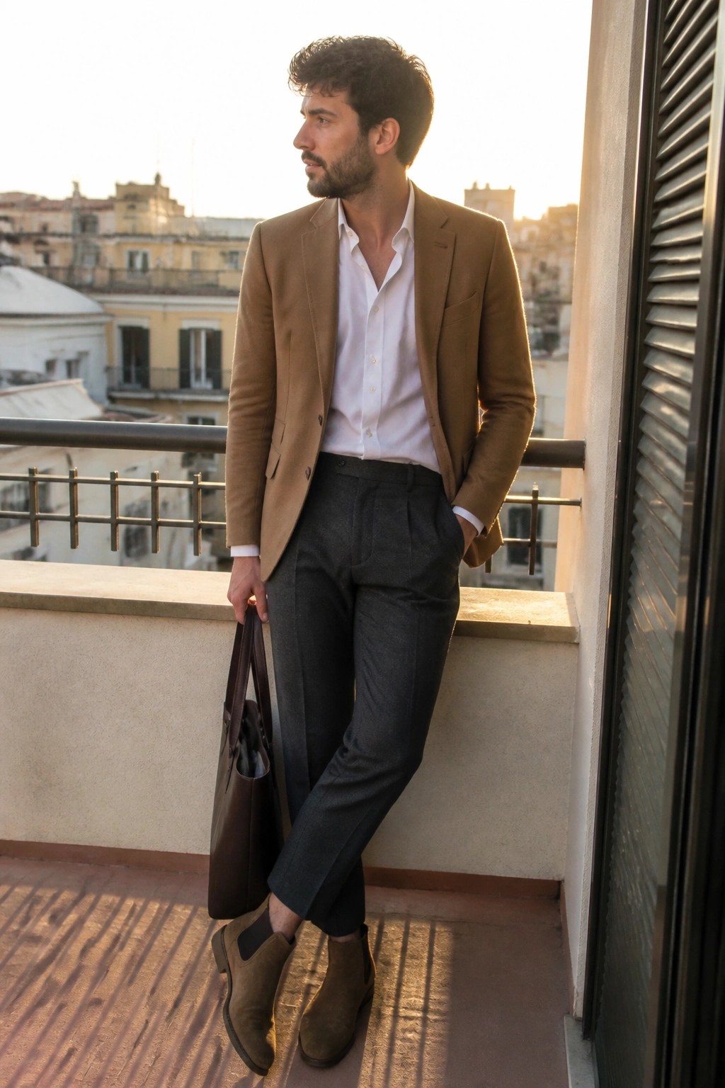 Man in brown blazer and white shirt with leather tote on sunny balcony