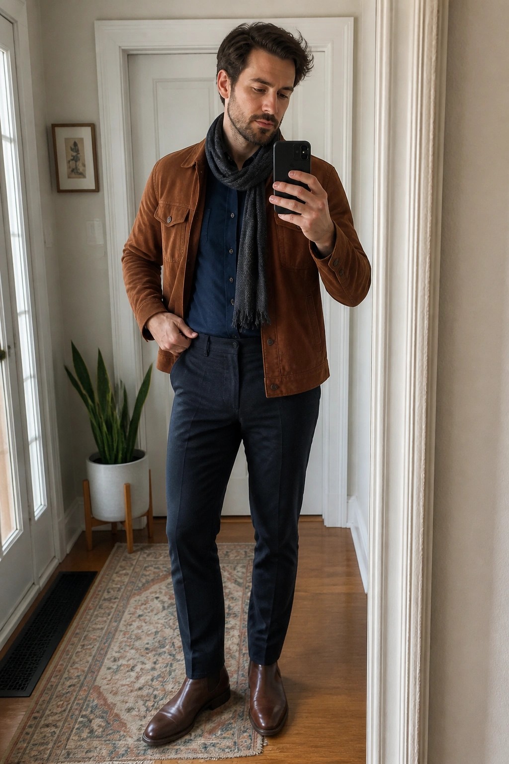 Man in brown suede jacket and gray scarf taking mirror selfie indoors