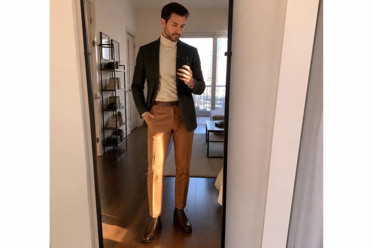 Man in gray blazer and cream turtleneck taking mirror selfie with phone