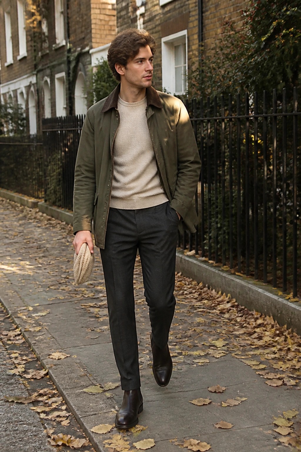 Man in green jacket and beige sweater walks on autumn leaf-covered sidewalk holding hat.
