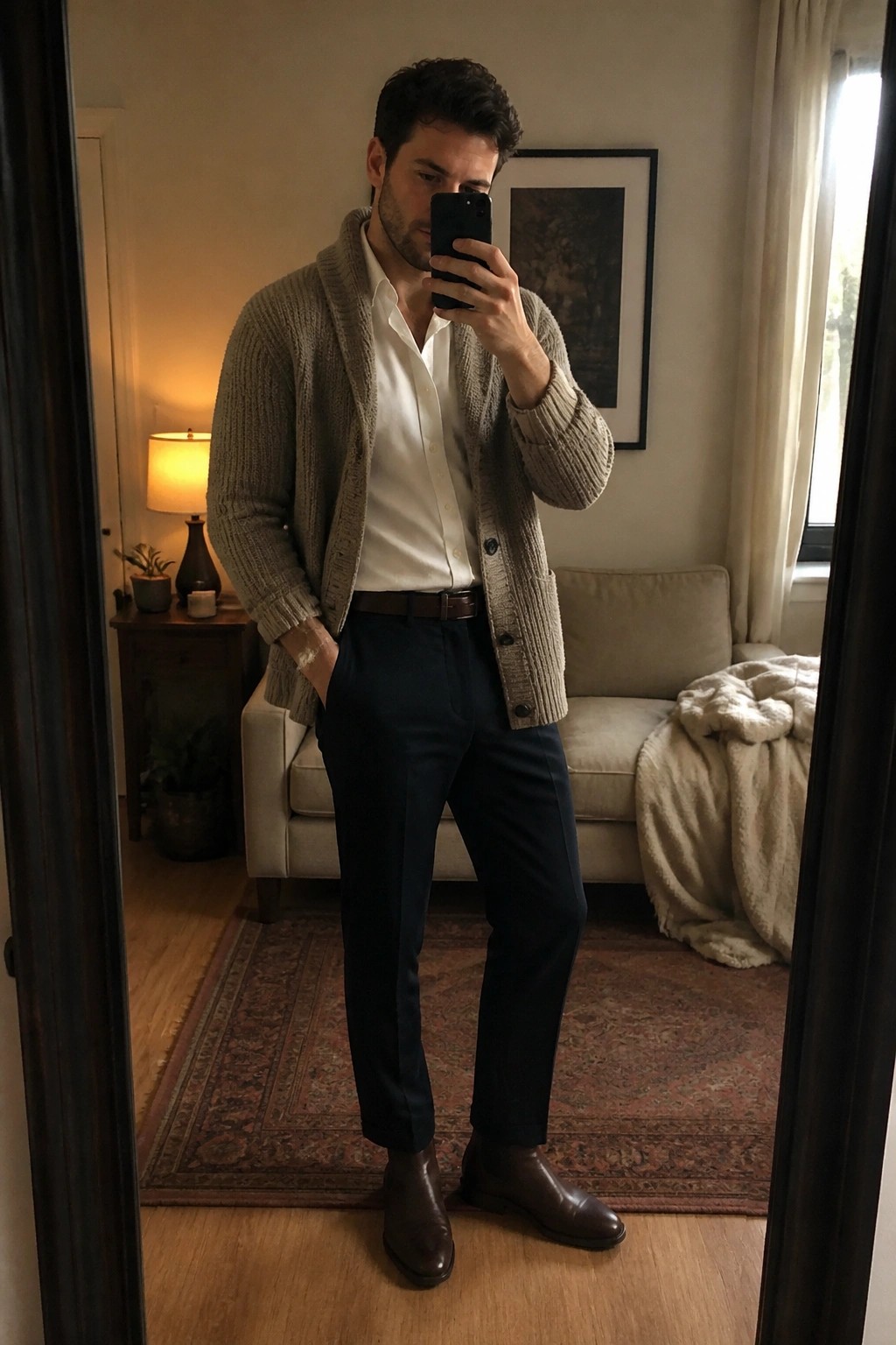 Man in beige knit cardigan over white shirt taking mirror selfie in living room