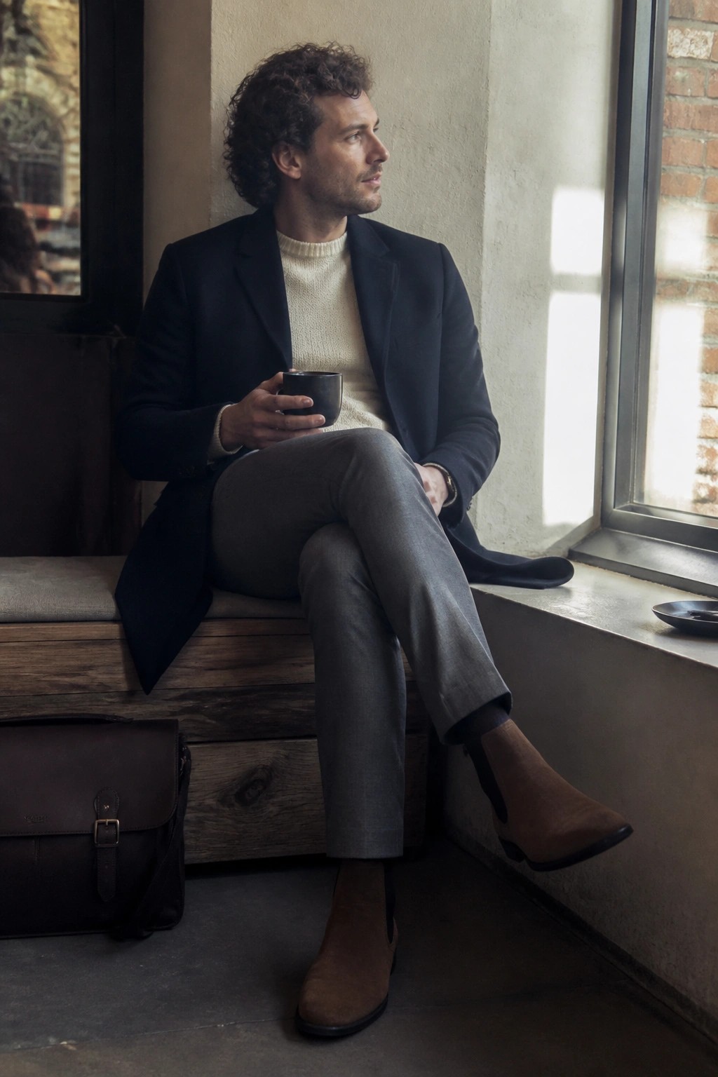 Curly-haired man in navy blazer and cream sweater holds cup by window with leather bag