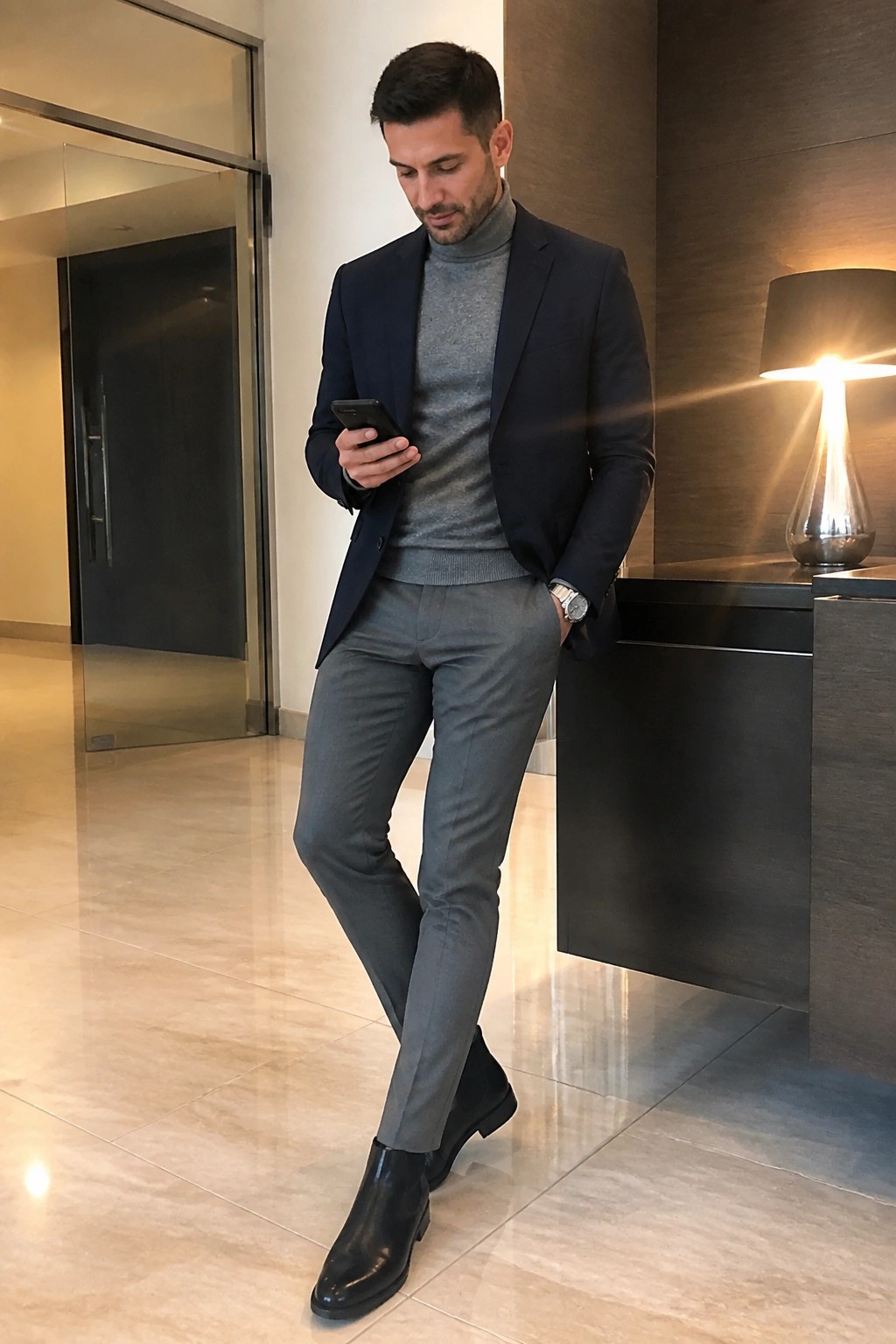 Man in navy blazer and gray turtleneck views smartphone in modern lobby