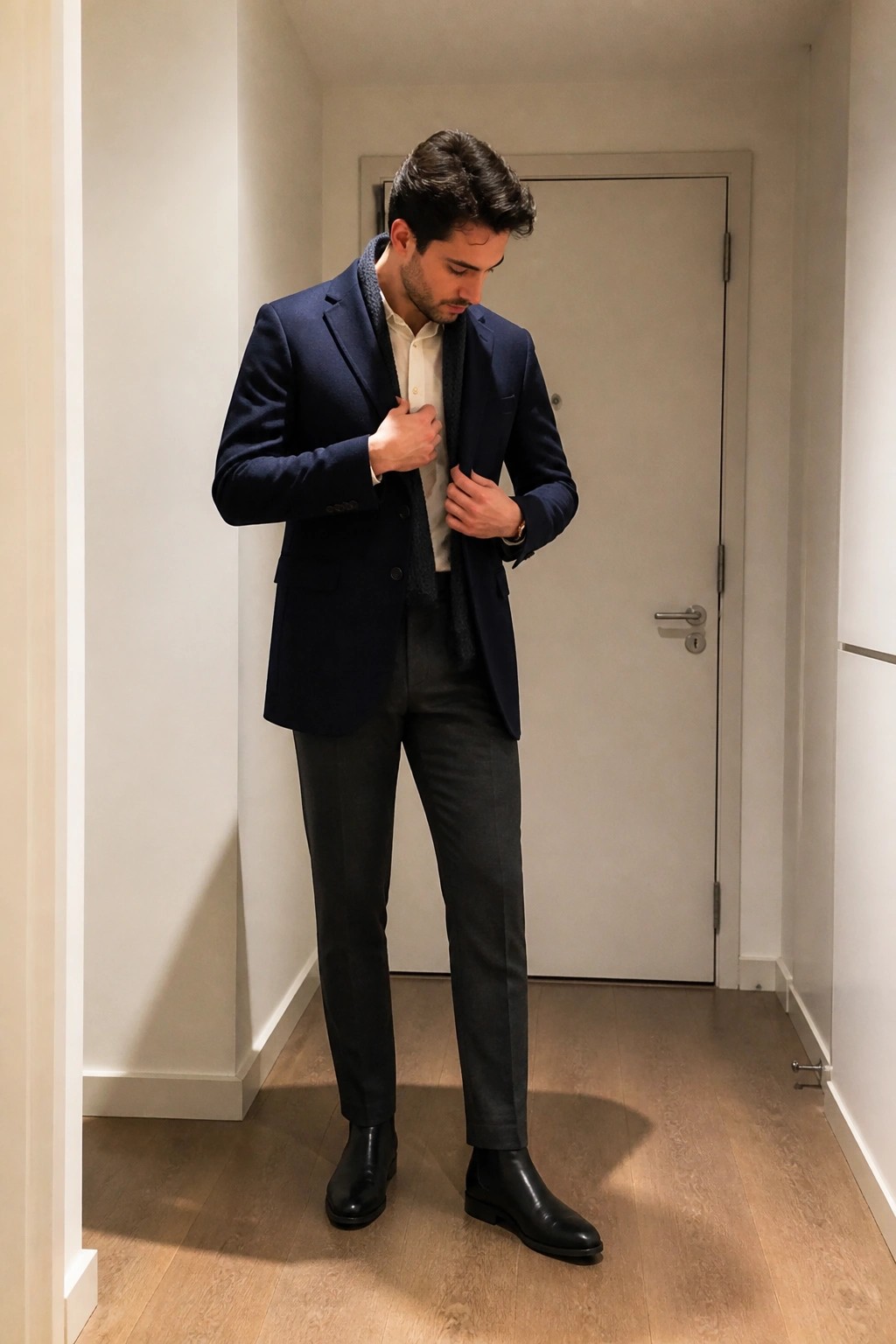Man in navy blazer over white shirt adjusts jacket in bright hallway with black boots.