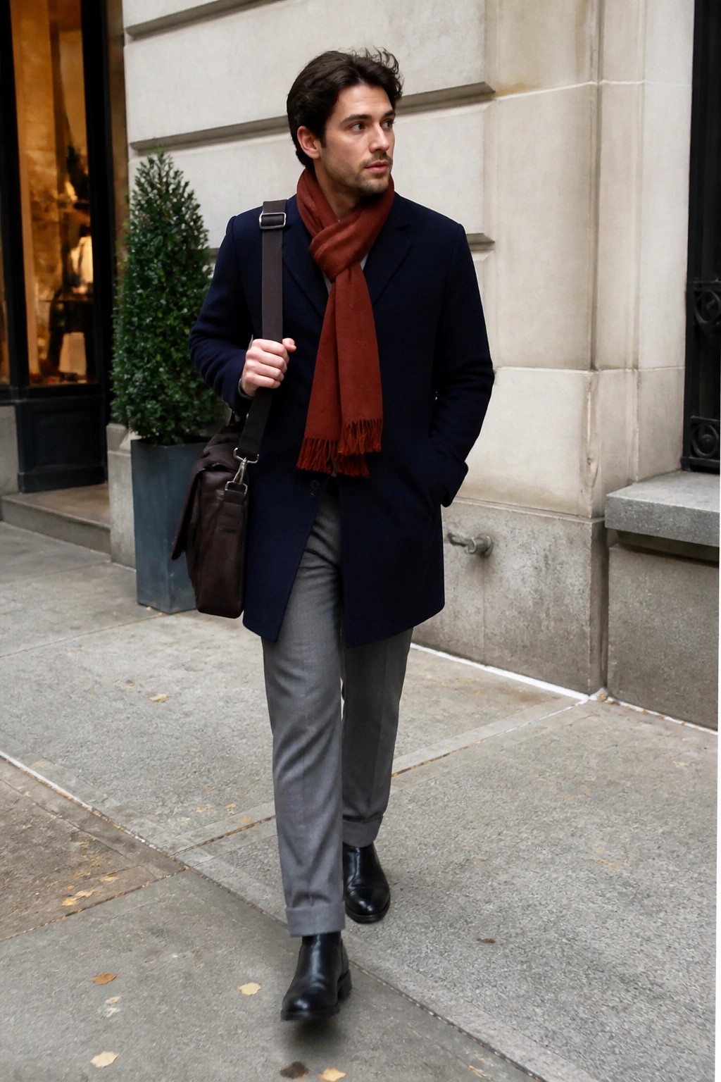 Man in navy coat and rust scarf carrying bag on city sidewalk
