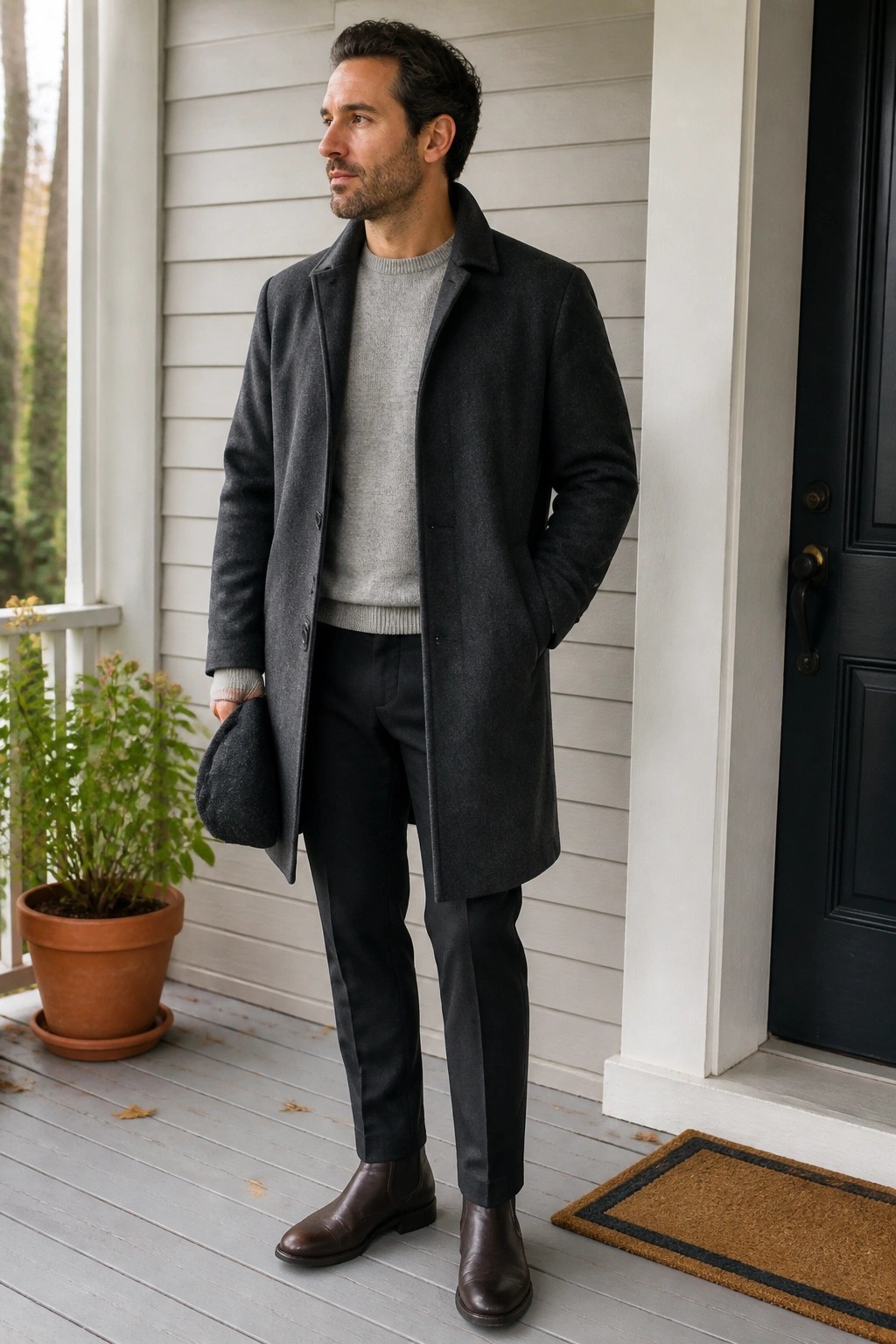 Man in dark gray overcoat over sweater on porch holding cap in hand