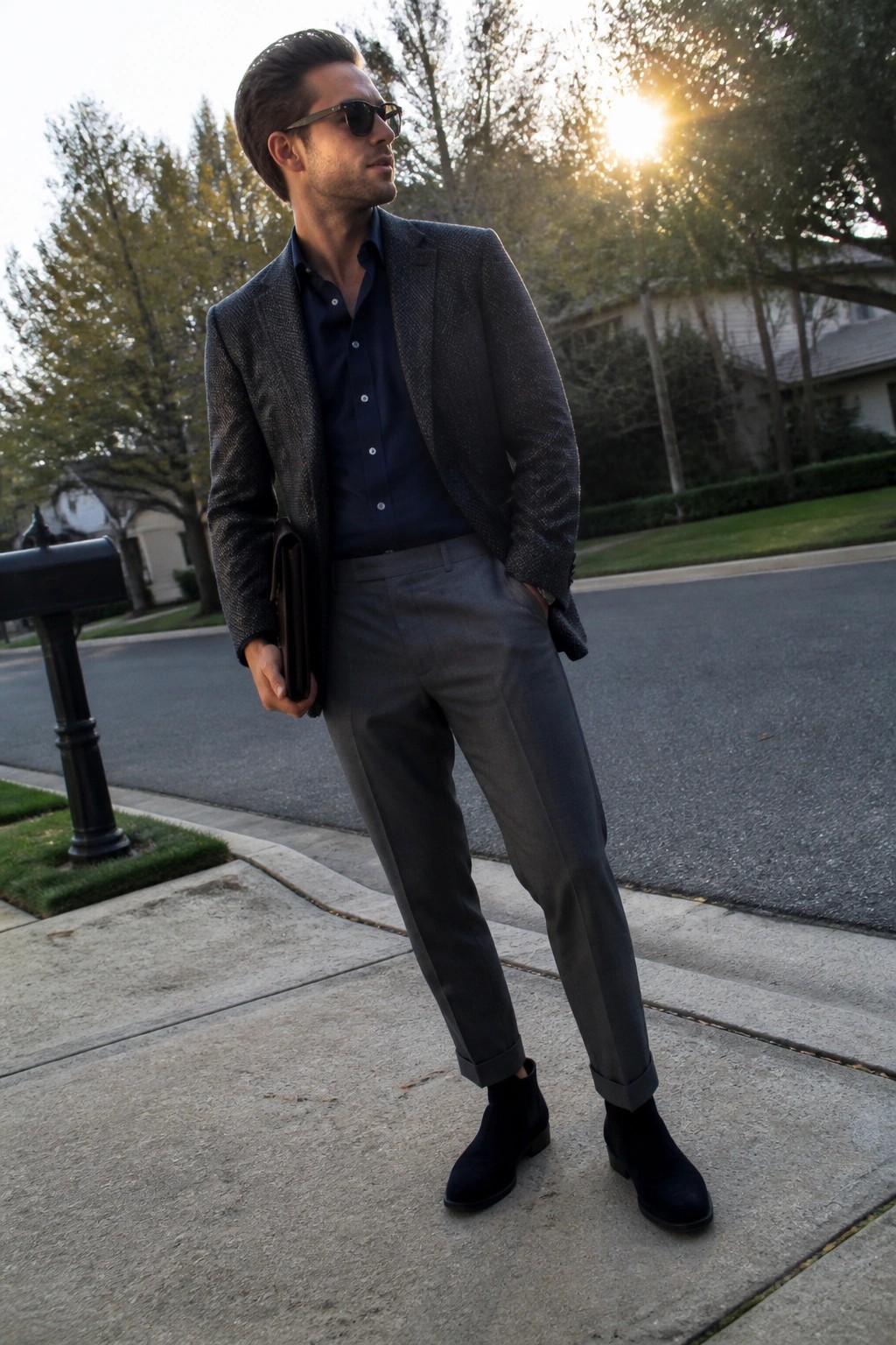 Man wearing a dark patterned blazer over a navy button down shirt with gray tailored trousers cuffed at the ankle and black Chelsea boots while holding a dark clutch.