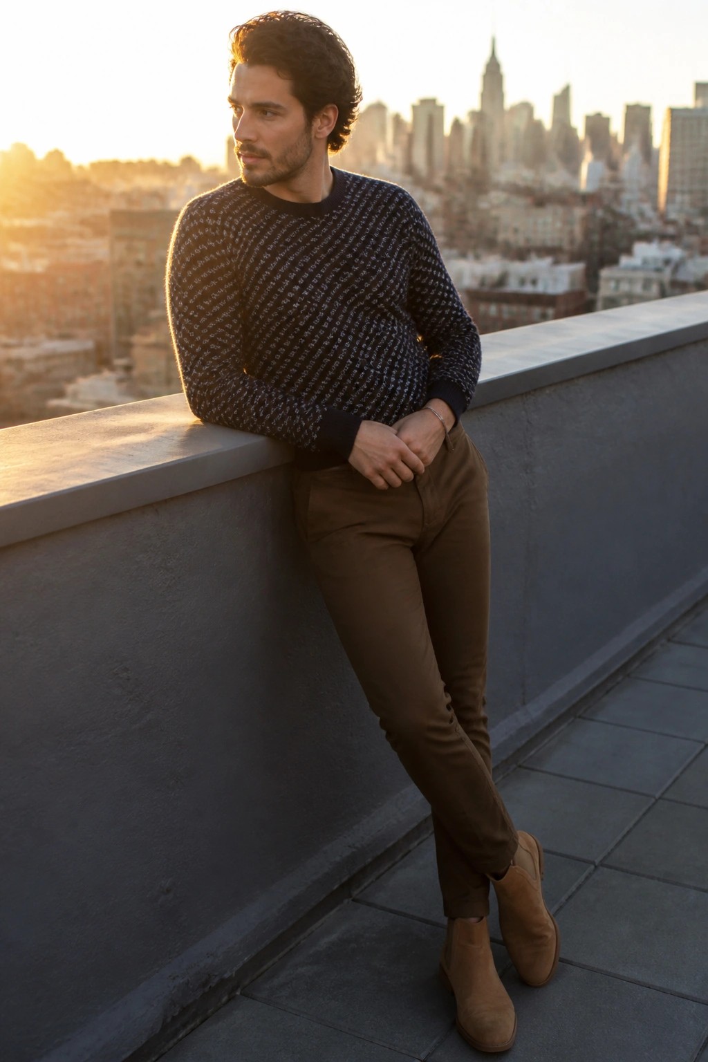 Man in patterned sweater and brown pants leaning on rooftop ledge overlooking city skyline