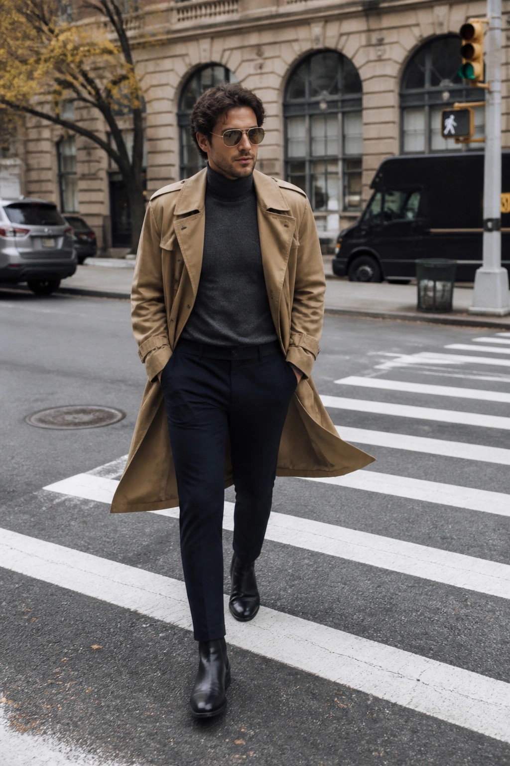 Man in tan trench coat over gray turtleneck crossing urban crosswalk in sunglasses