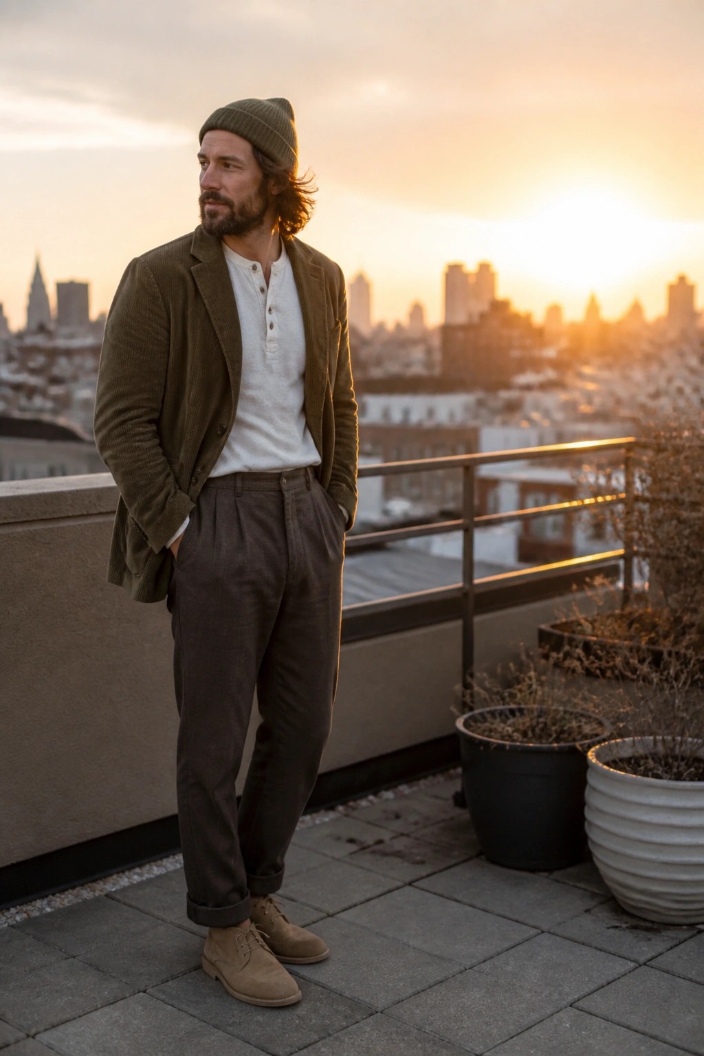 Man in olive corduroy jacket and green beanie on city rooftop at sunset