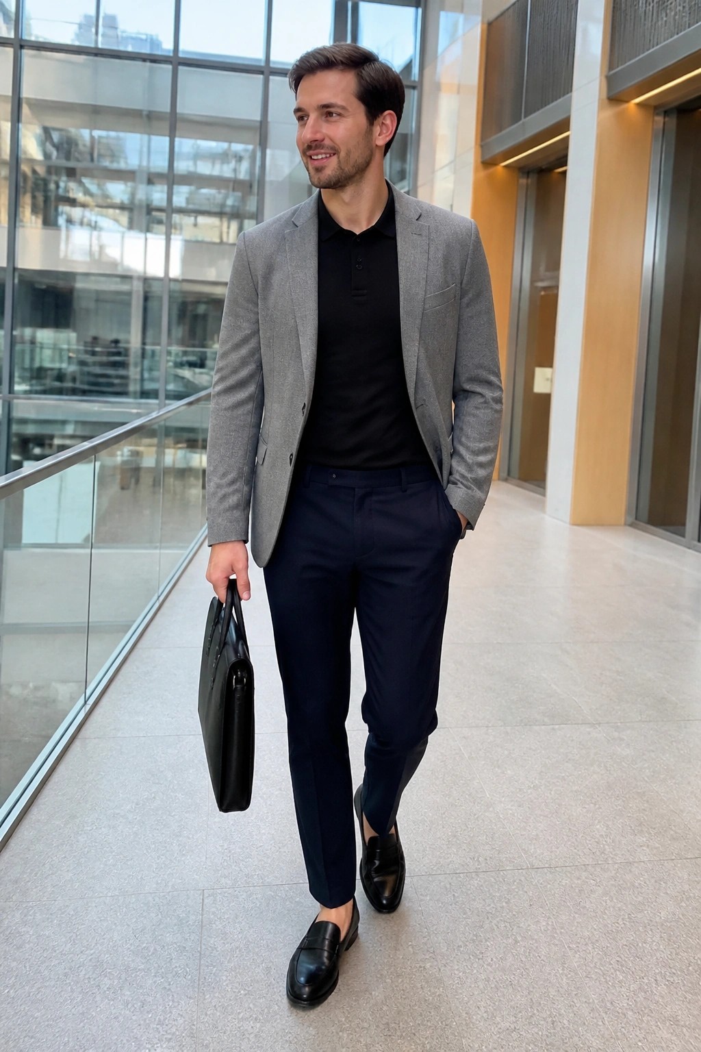 Man in gray blazer and black polo walks with briefcase in modern lobby