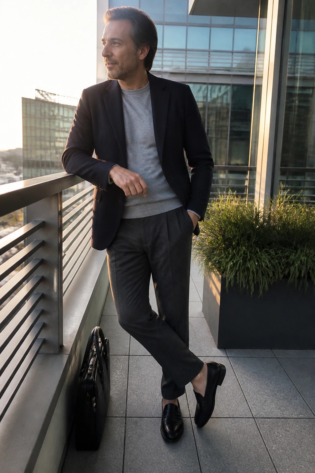 Man in navy blazer over gray sweater on balcony beside black briefcase