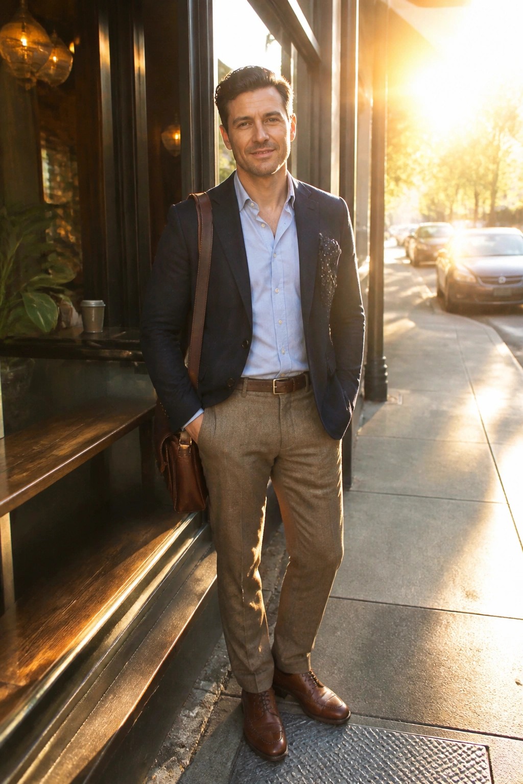 Man in navy blazer and brown trousers with leather bag on sunny sidewalk.