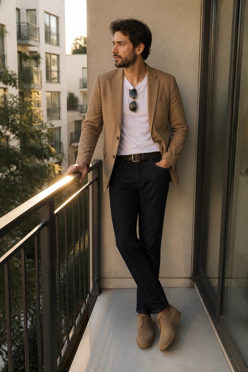 Man in tan blazer and white t-shirt leaning on balcony railing at sunset
