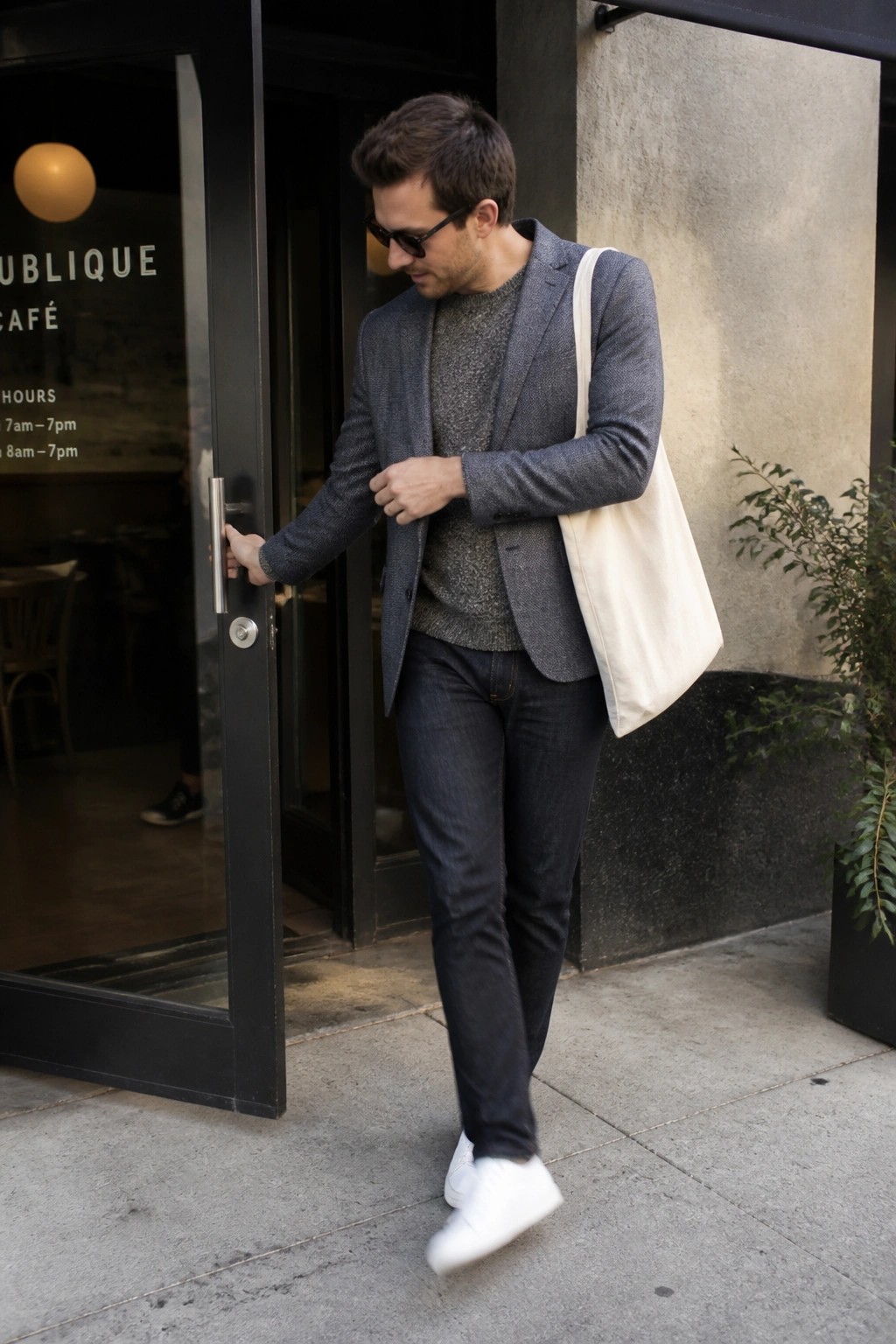 Man in gray blazer over sweater holding cafe door with white tote bag