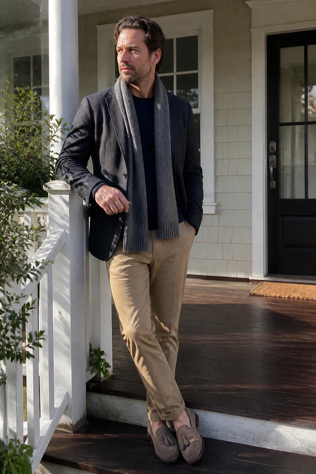 Man in navy blazer and gray scarf leaning on white porch railing