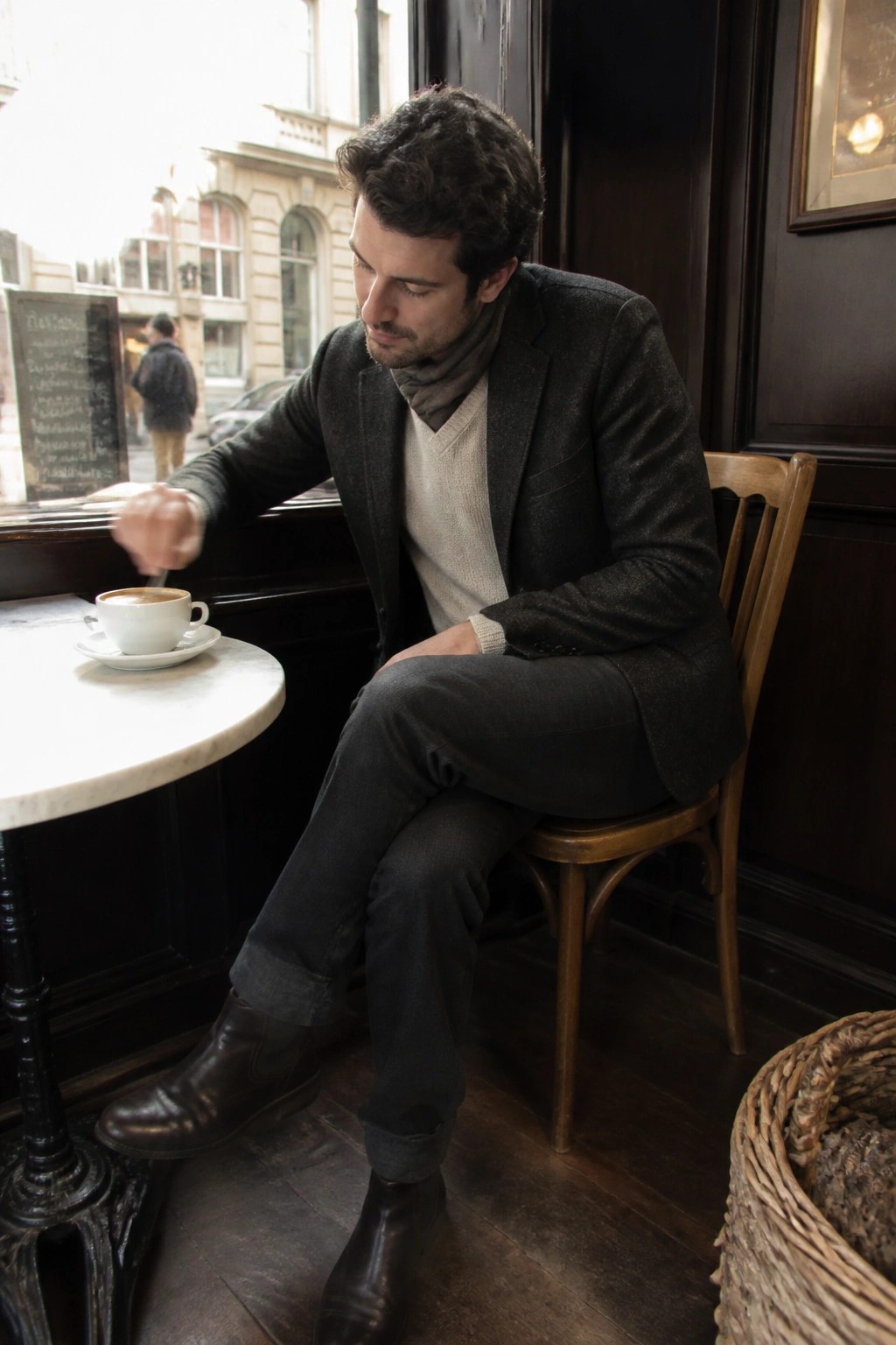 Man in dark blazer stirring coffee at marble cafe table