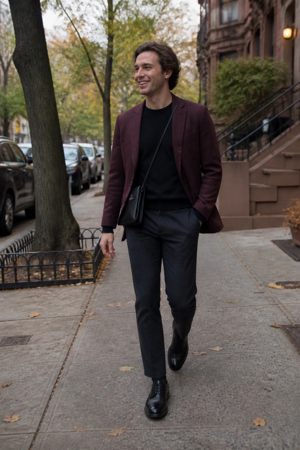 Man in maroon blazer with black crossbody bag walks on autumn sidewalk.