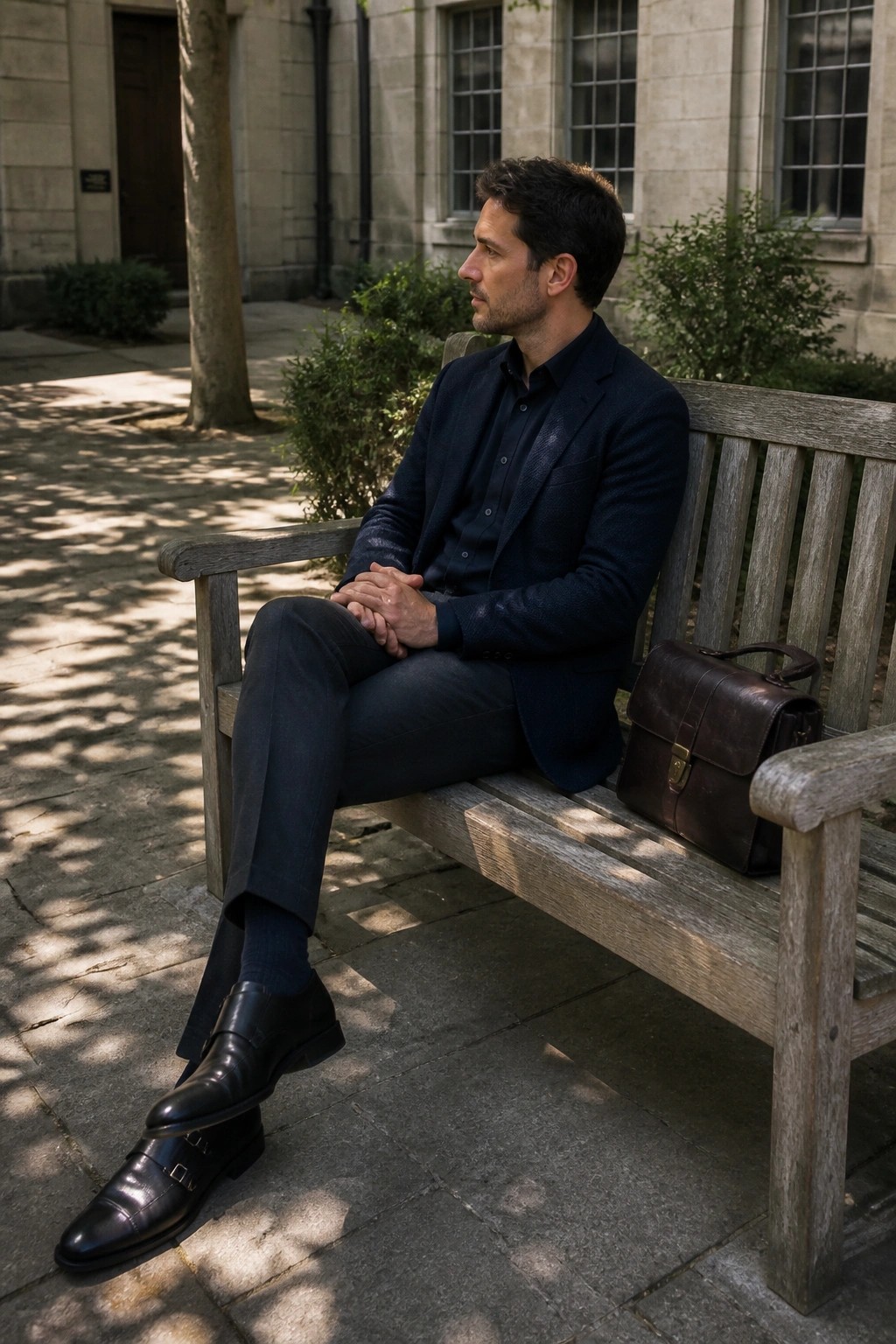 Man in navy suit sits on wooden bench with brown leather bag outdoors