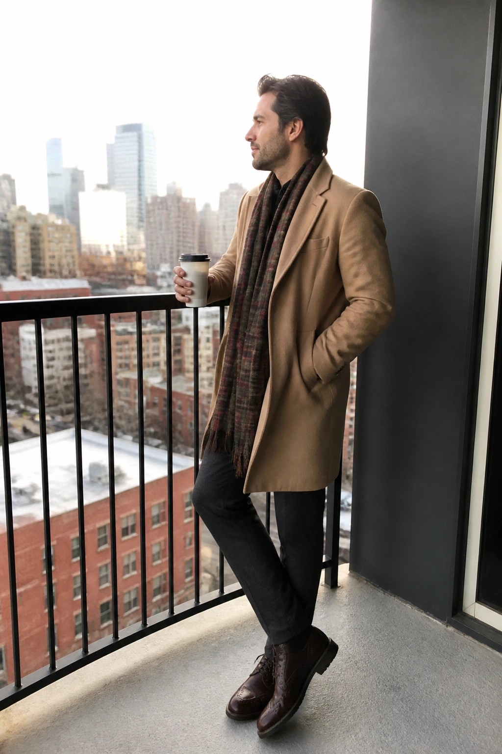 Man in tan coat and plaid scarf holding coffee on city balcony