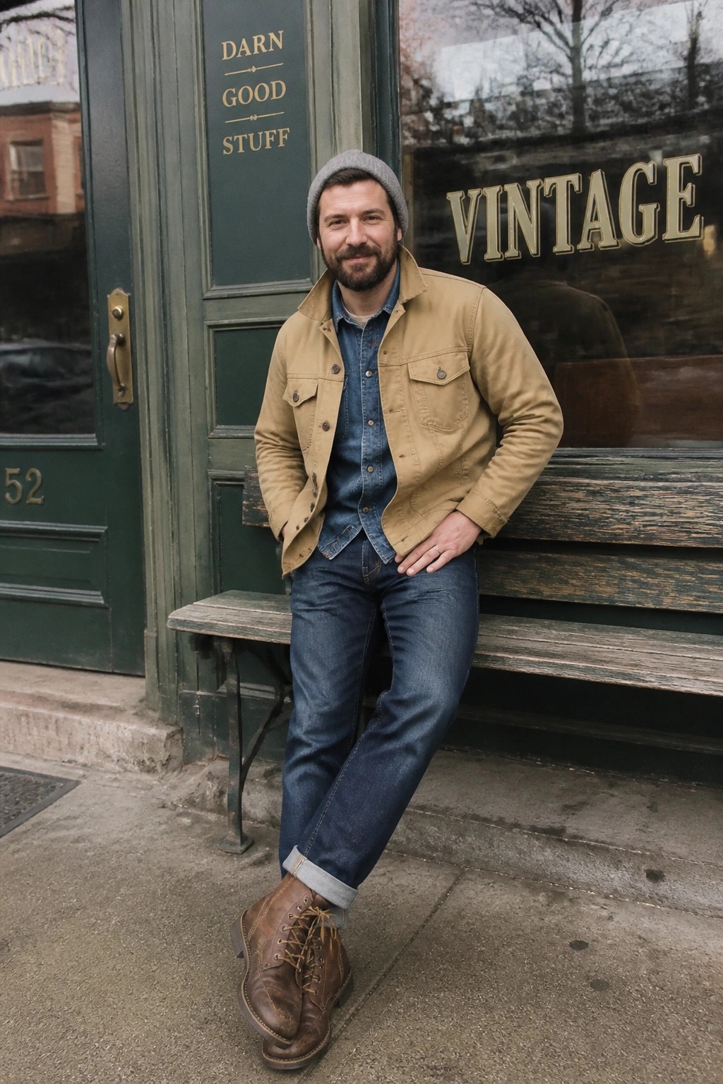 Bearded man in tan jacket and beanie leaning on bench outside vintage store