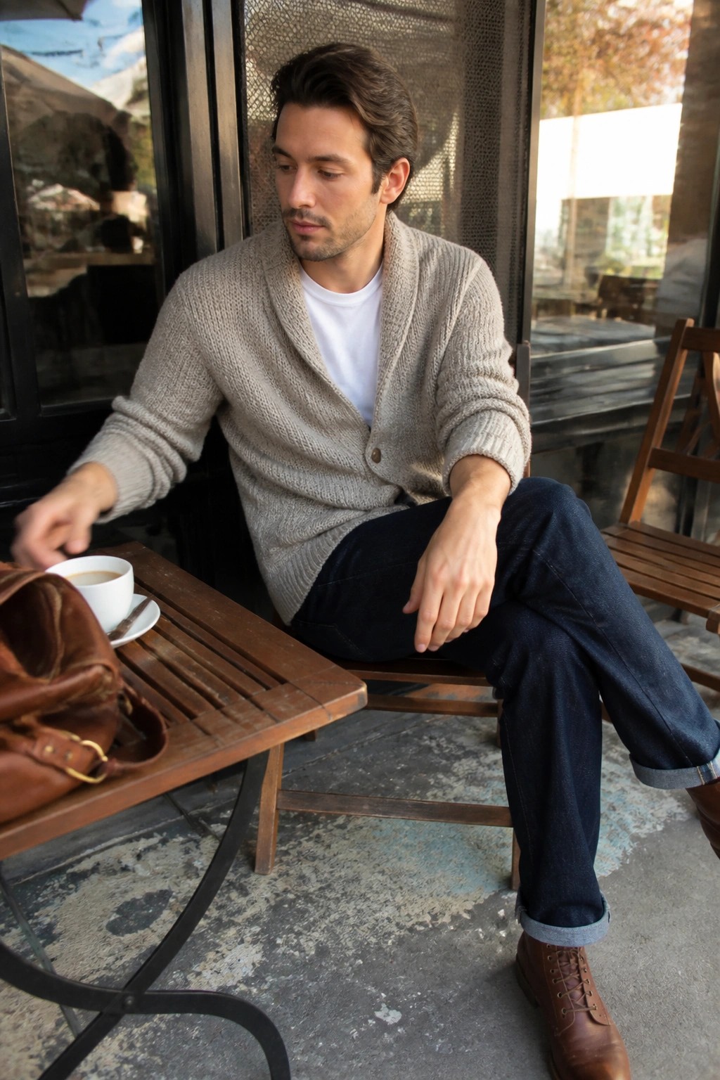 Man in beige cardigan reaches for coffee at outdoor wooden table with leather bag