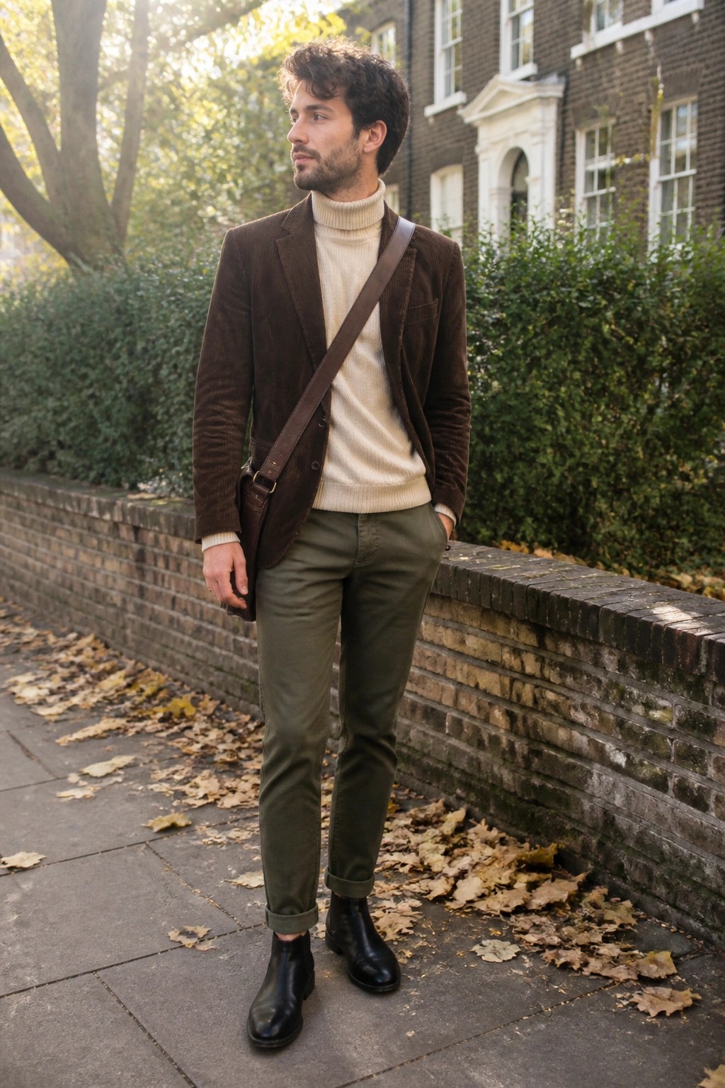 Man in brown corduroy blazer over cream turtleneck, olive pants, leather bag amid autumn leaves