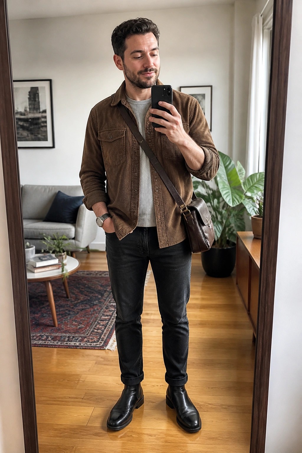 Man in brown corduroy shirt and black jeans taking mirror selfie with leather bag