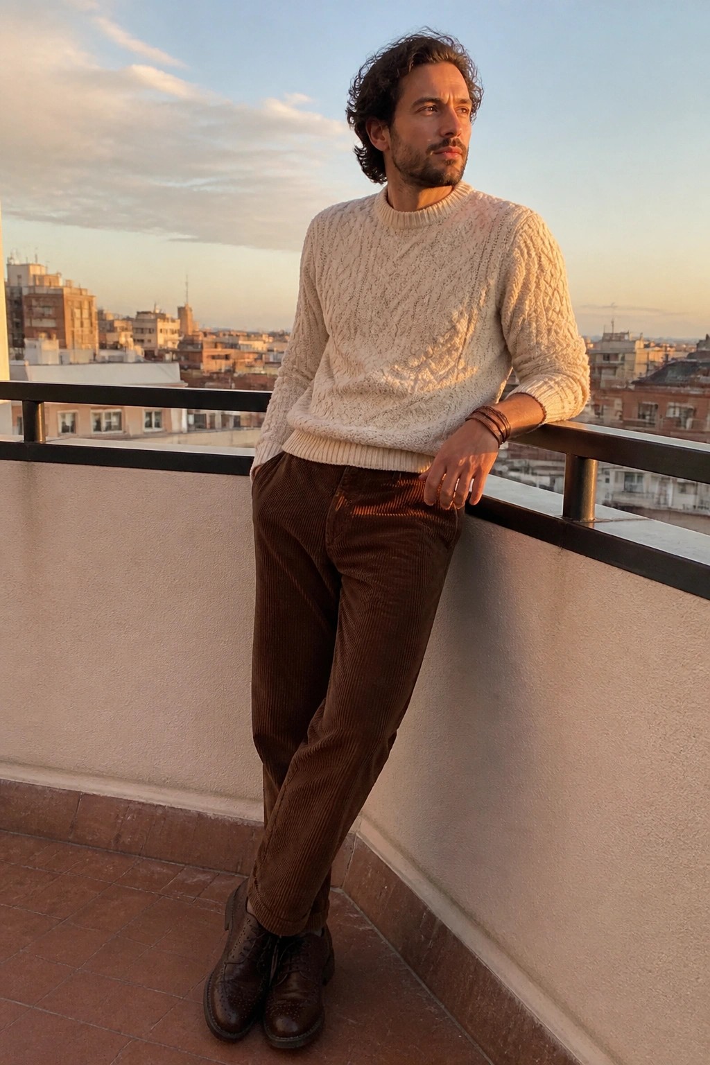 Man in cream cable-knit sweater and brown corduroy pants leaning on sunset balcony