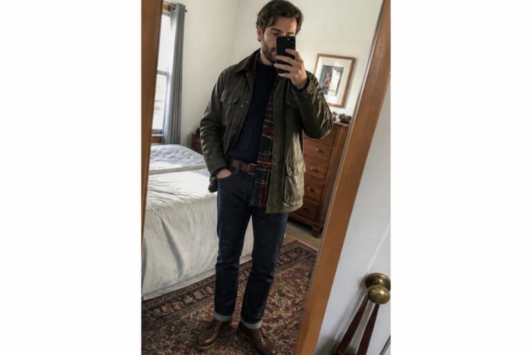 Man in green jacket and plaid scarf taking mirror selfie in bedroom