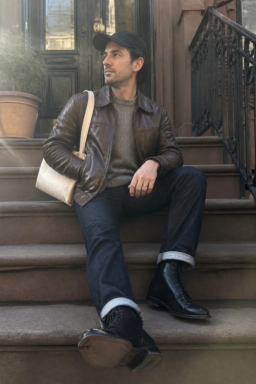 Man in brown leather jacket and black cap sits on stone steps with tote bag