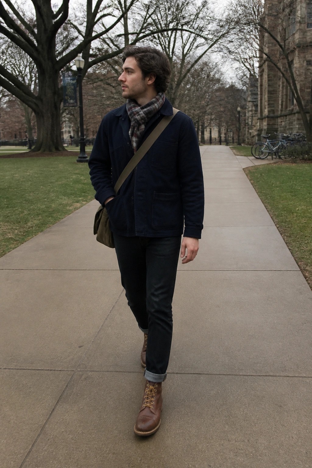 Young man in navy jacket and plaid scarf walks on campus path with bag