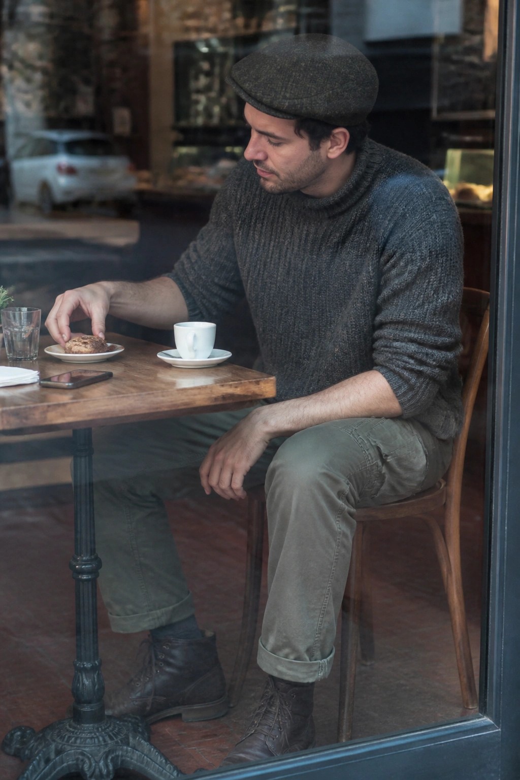 Man in gray cap and turtleneck reaches for pastry at wooden cafe table