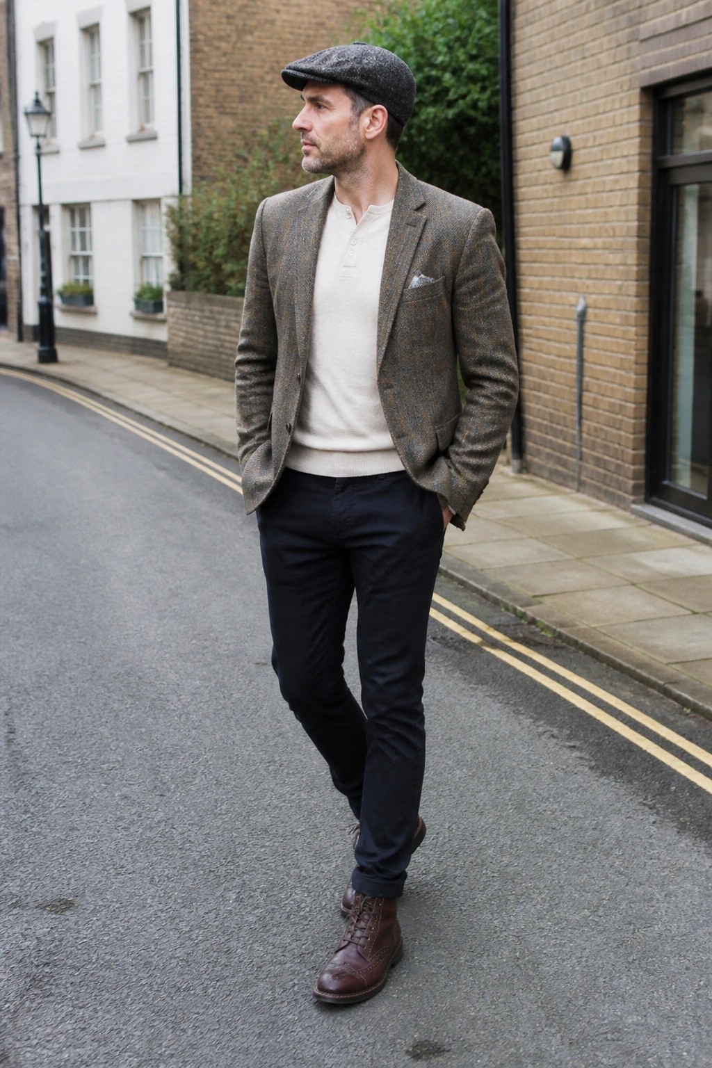 Man in tweed blazer, flat cap, henley shirt, and boots on street