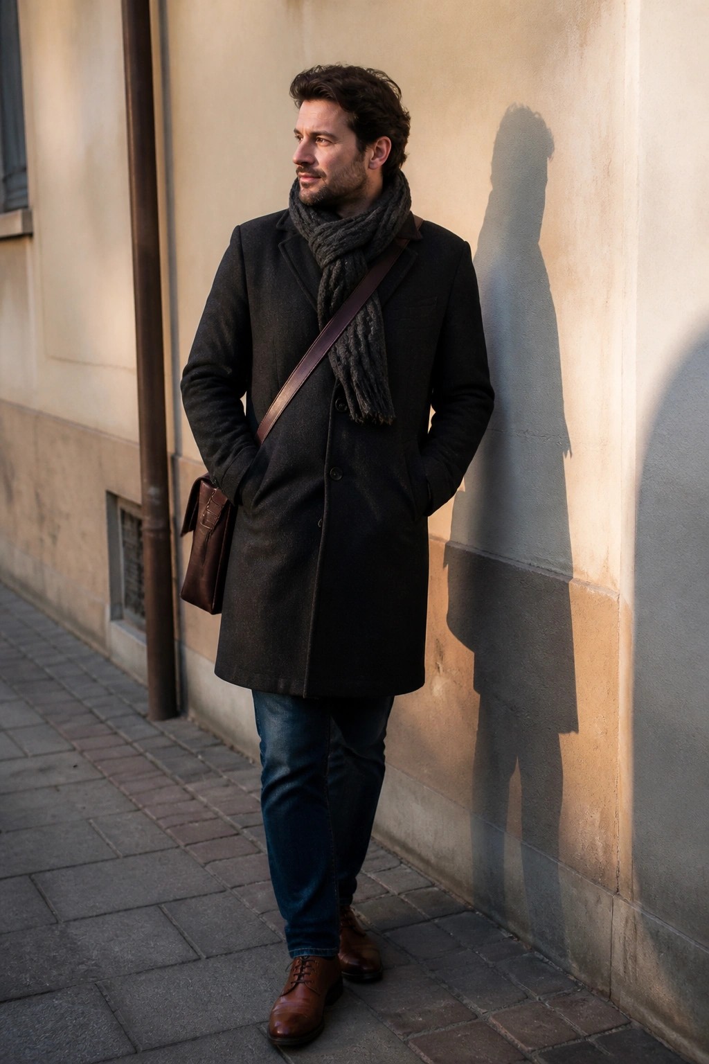 Man in dark coat and gray scarf with leather bag leaning on wall