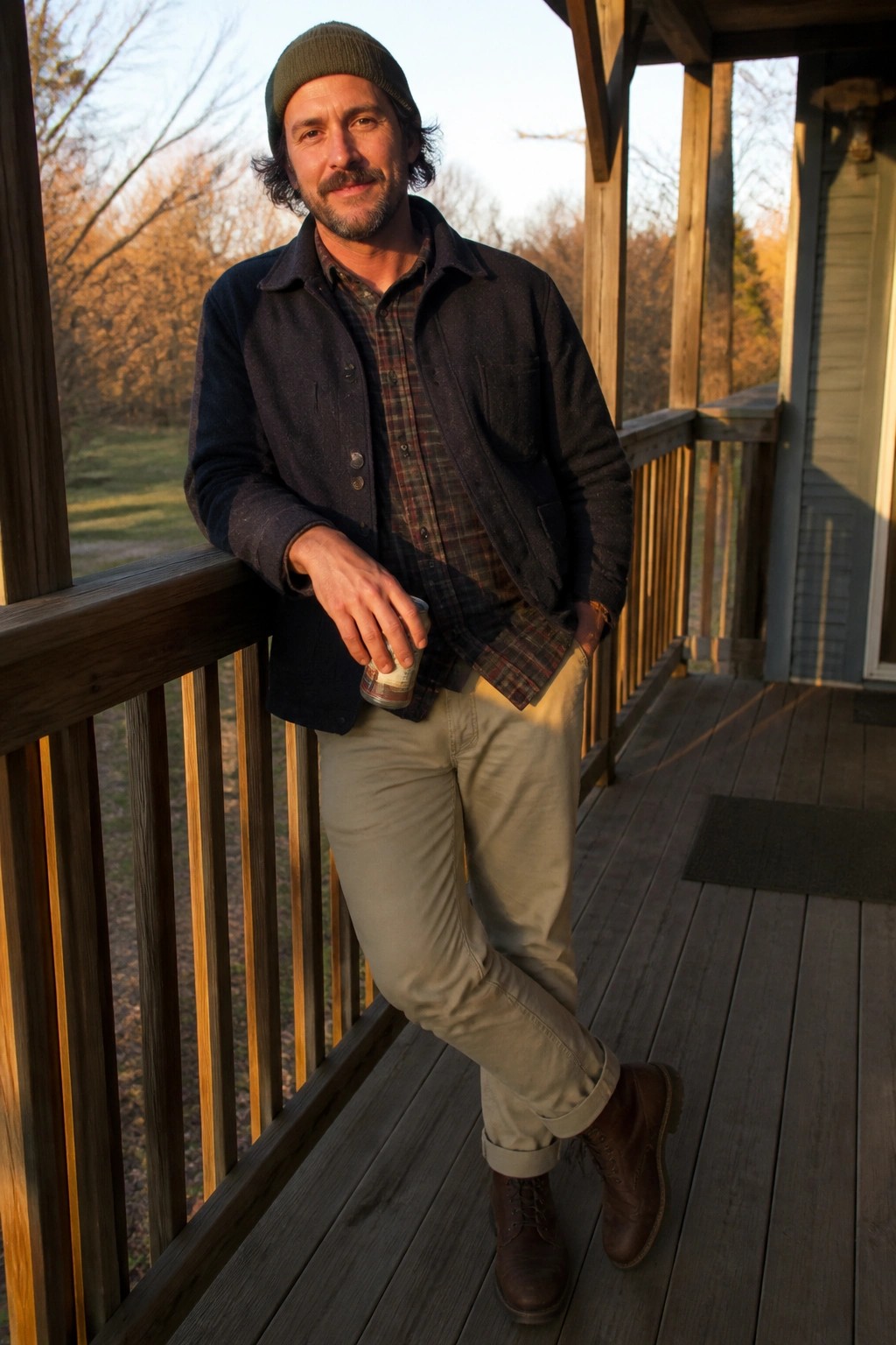 Man in green beanie and jacket holds can on wooden porch at sunset.