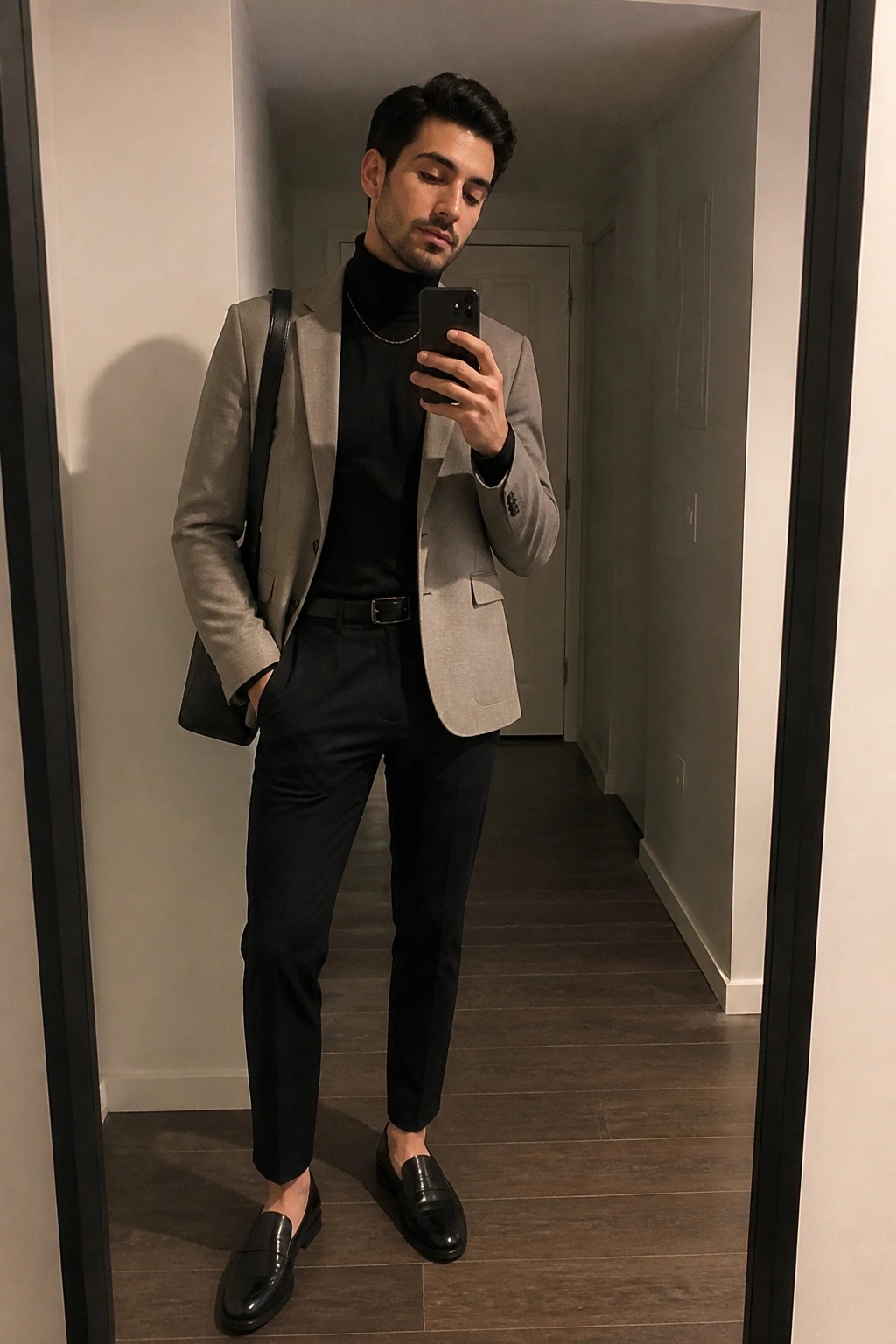 Man in gray blazer over black turtleneck taking mirror selfie in hallway