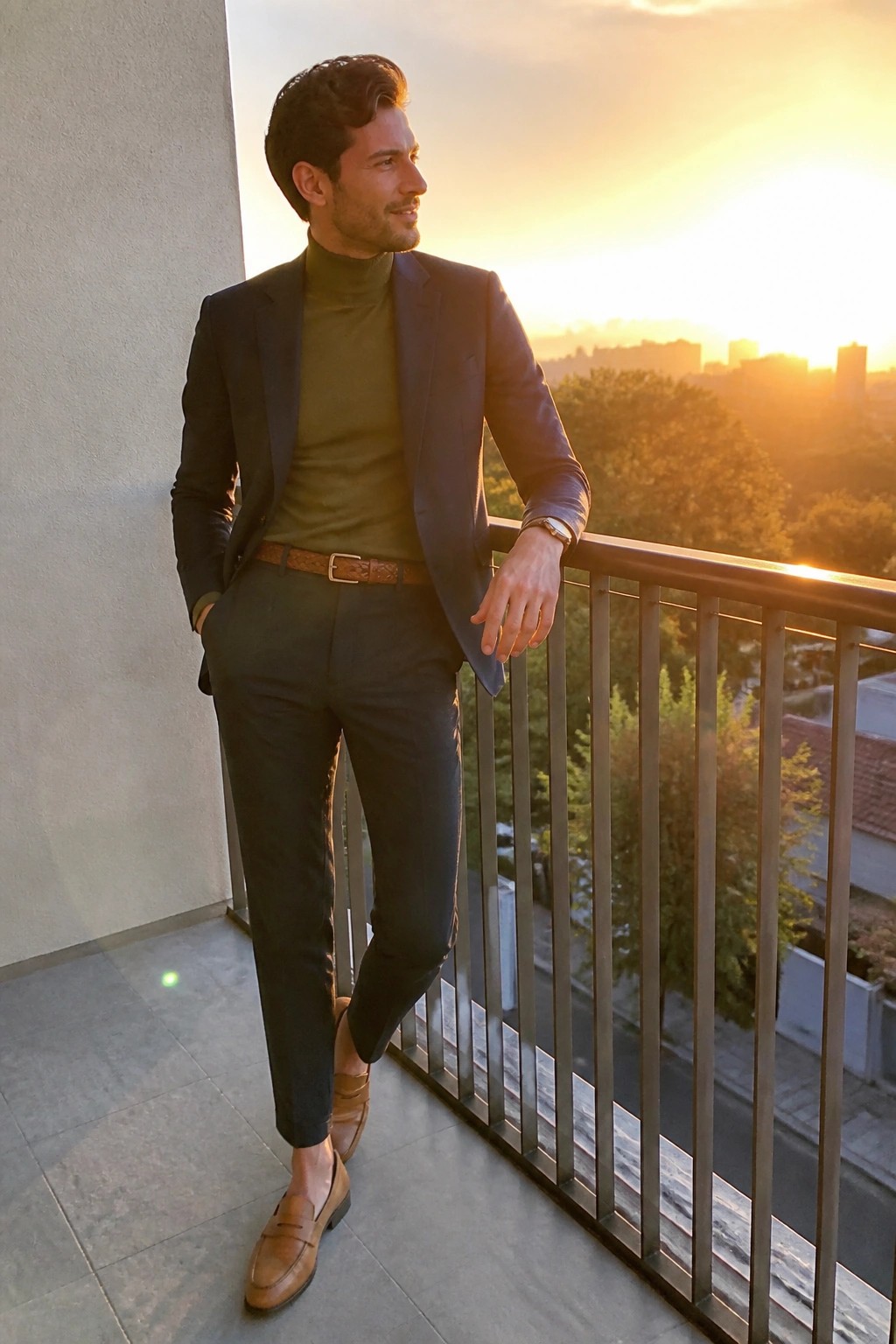 Man in navy blazer and olive turtleneck leans on balcony at sunset.