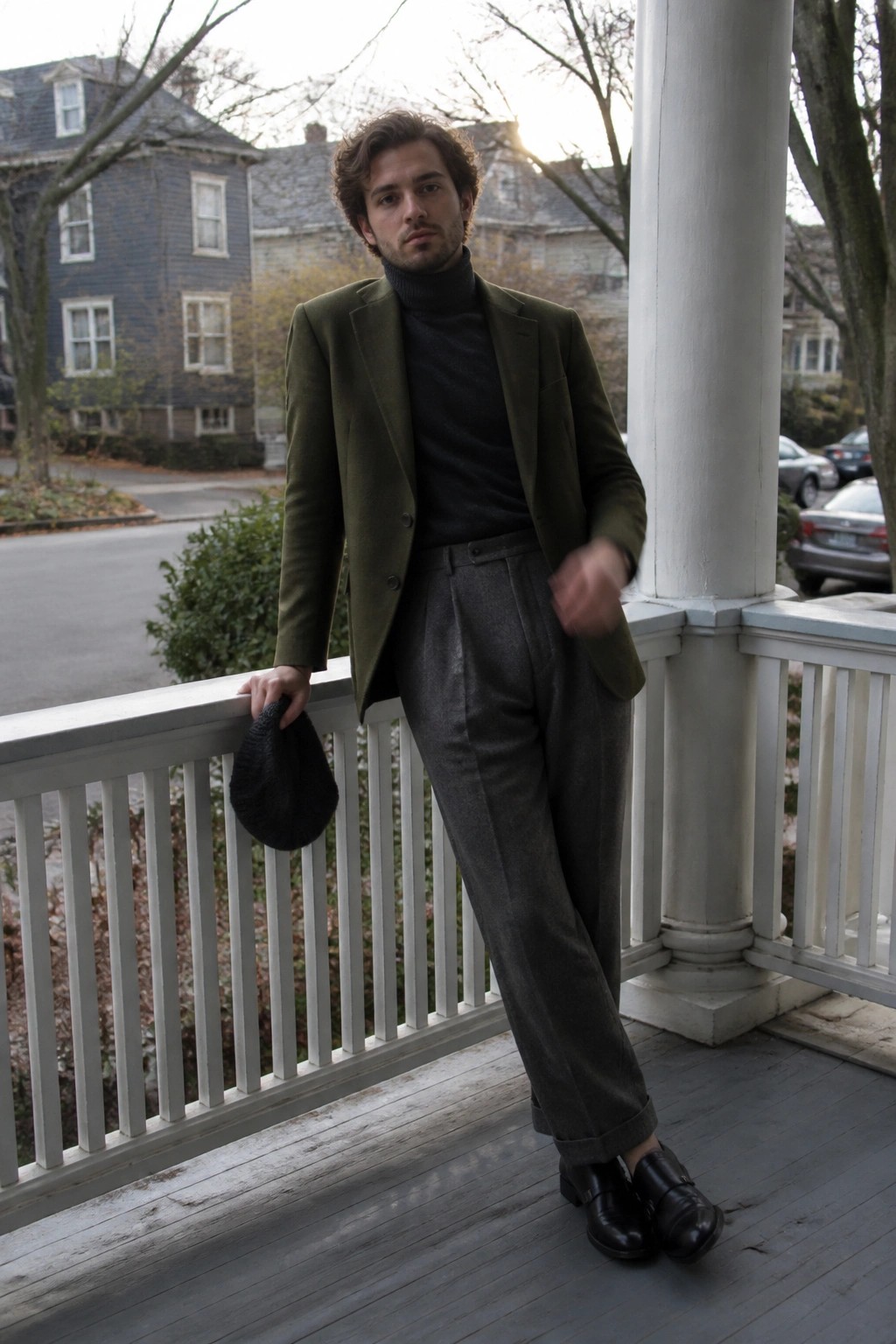 Man in green blazer and gray trousers leaning on porch railing holding black hat