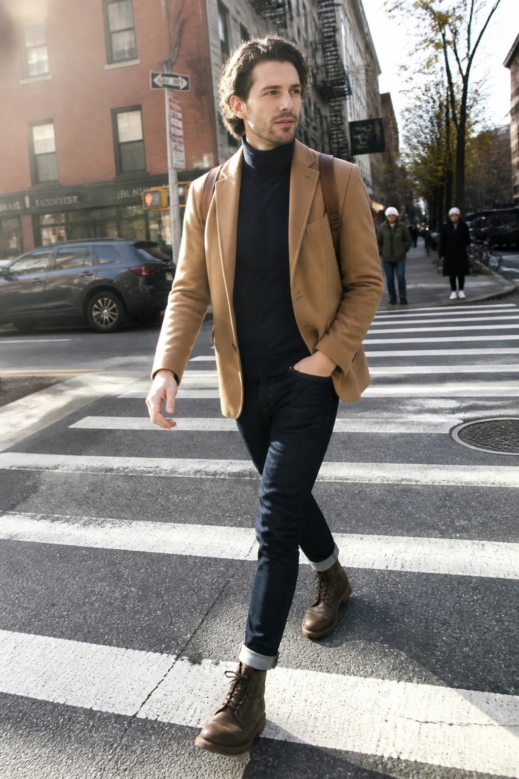 Man in tan blazer and navy turtleneck crossing urban crosswalk with backpack