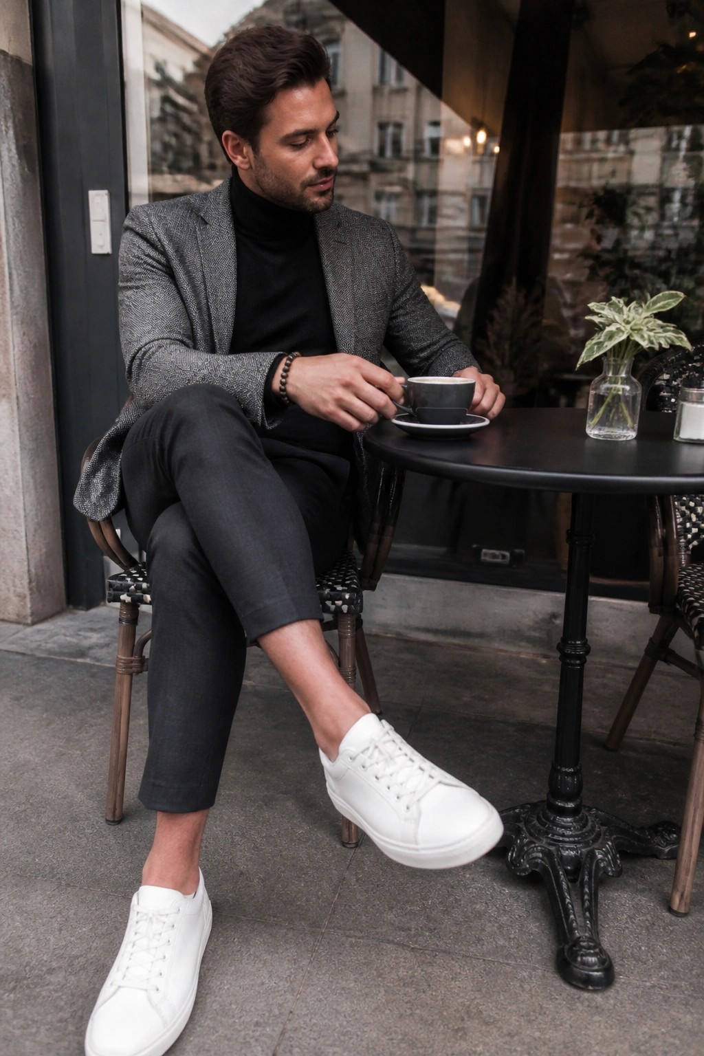 Man in grey blazer and black turtleneck with white sneakers at outdoor cafe