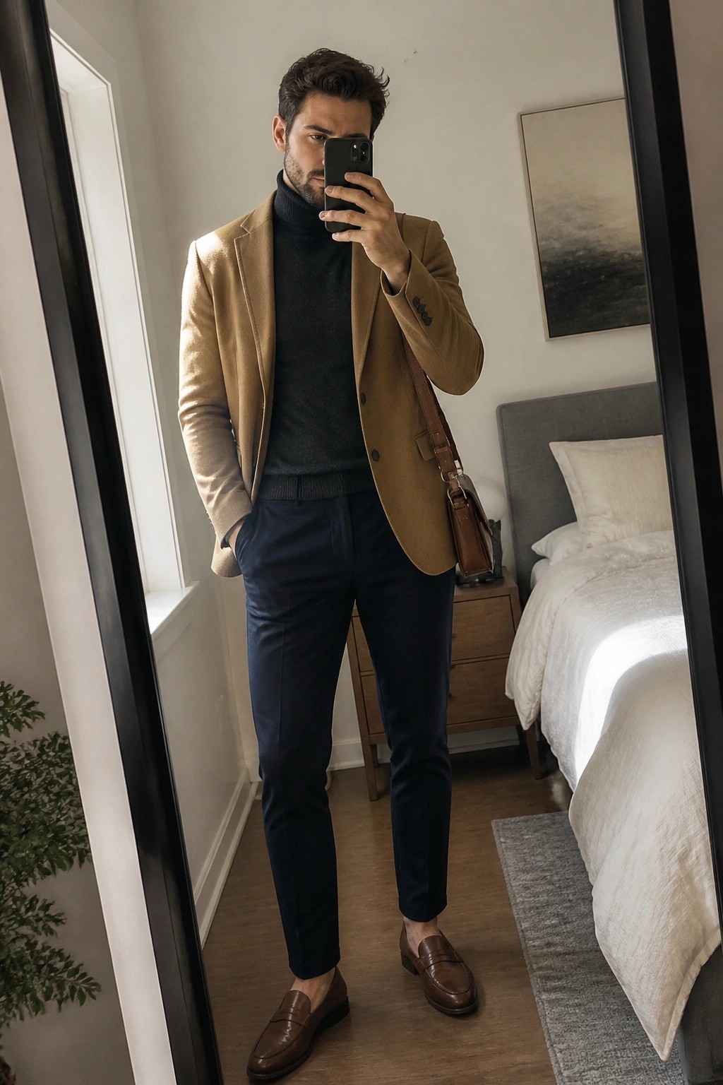 Man in tan blazer over black turtleneck with navy pants taking bedroom mirror selfie