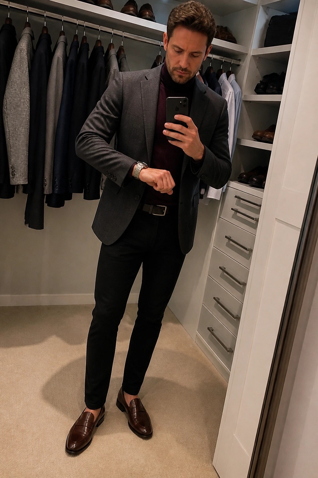 Man in gray blazer and maroon turtleneck checks watch while holding phone in closet