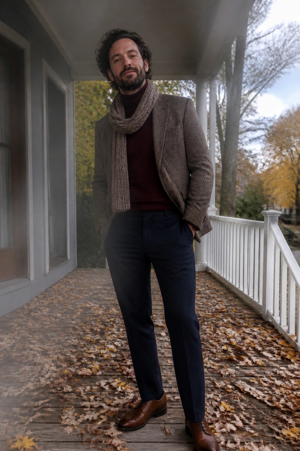 Man in herringbone blazer and scarf stands on autumn leaf-covered porch.