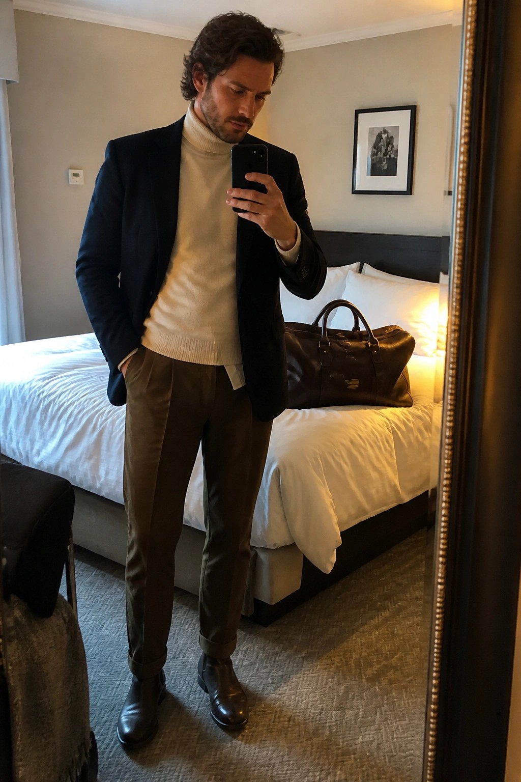 Man in navy blazer and cream turtleneck taking mirror selfie in hotel room