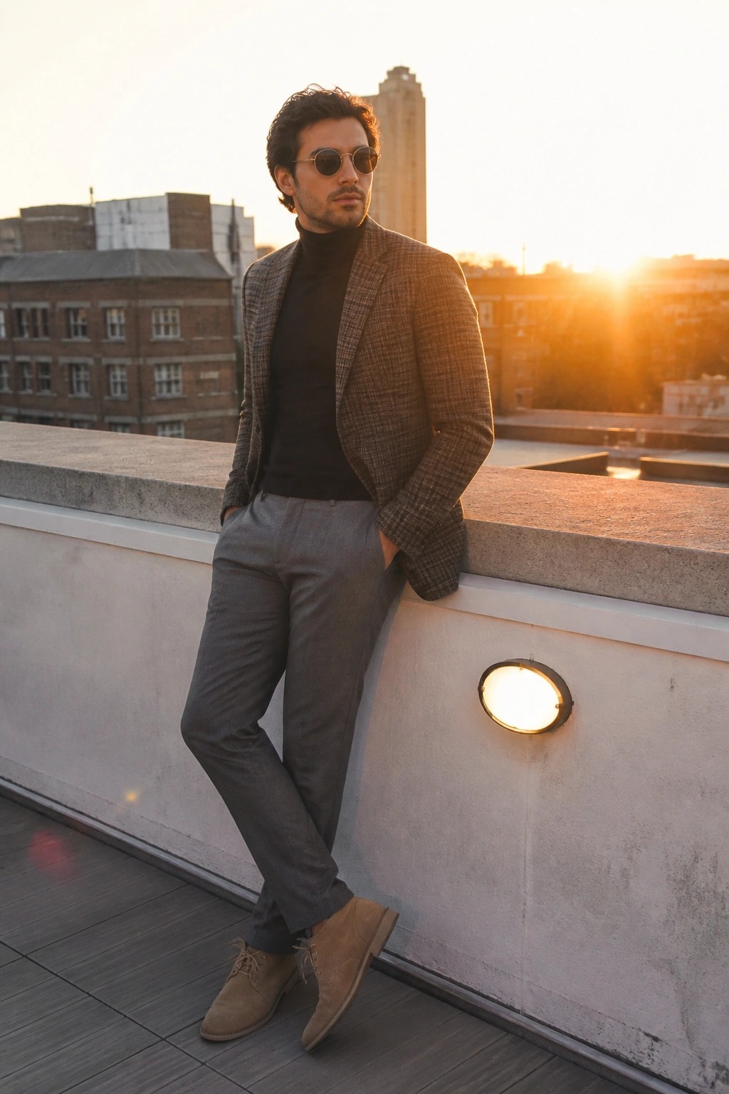 Man wearing a brown plaid blazer over a black turtleneck, paired with gray trousers and brown suede chukka boots, hands in pockets, standing against a concrete ledge.