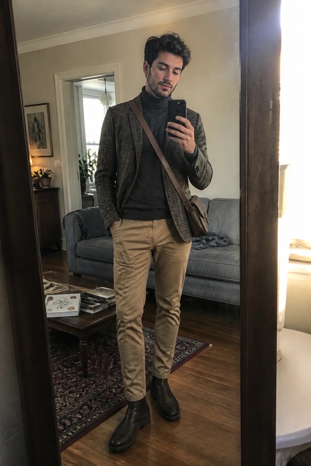 Man in plaid blazer over turtleneck and khaki pants taking mirror selfie in living room.
