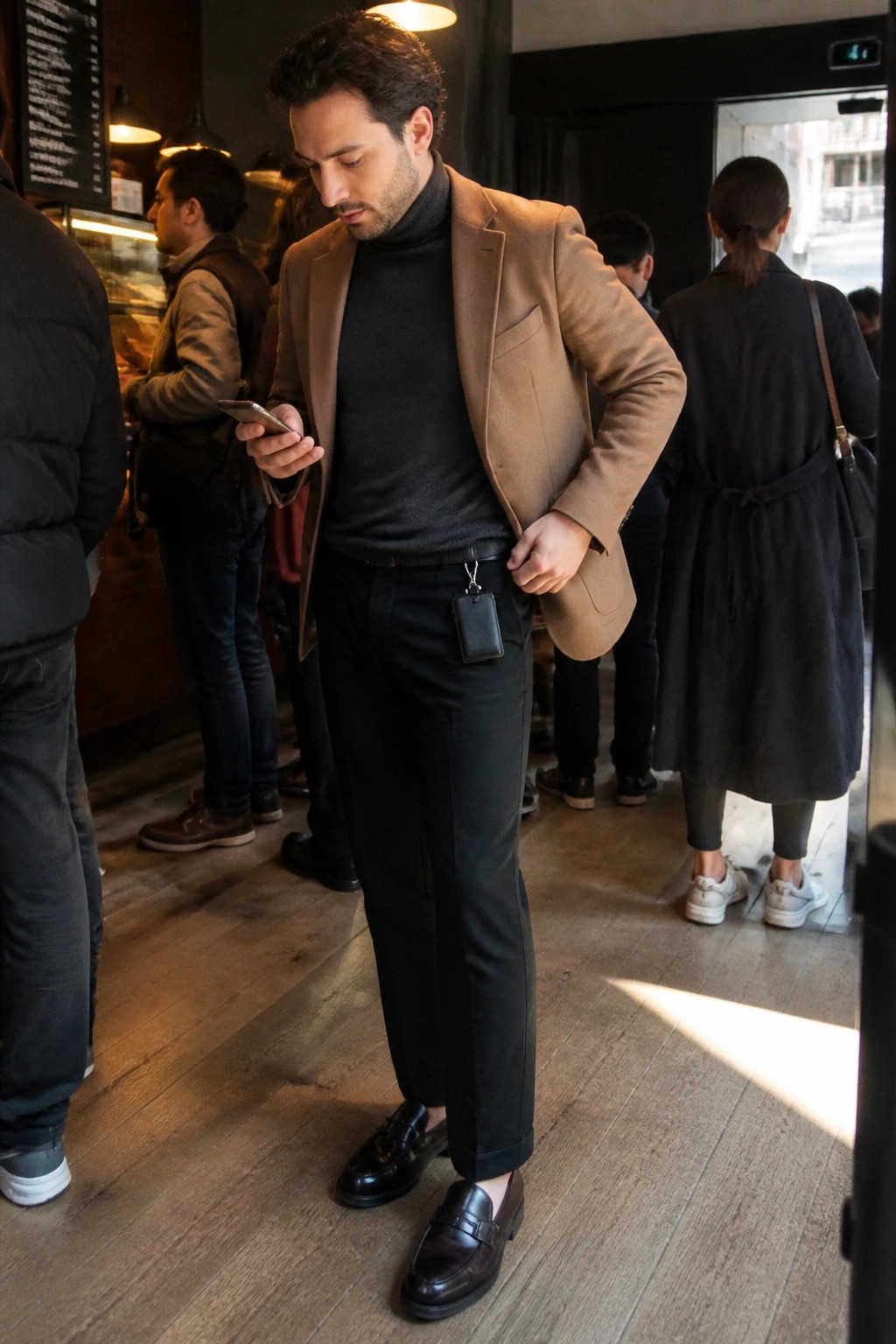 Man in brown blazer over black turtleneck checks phone in cafe line.