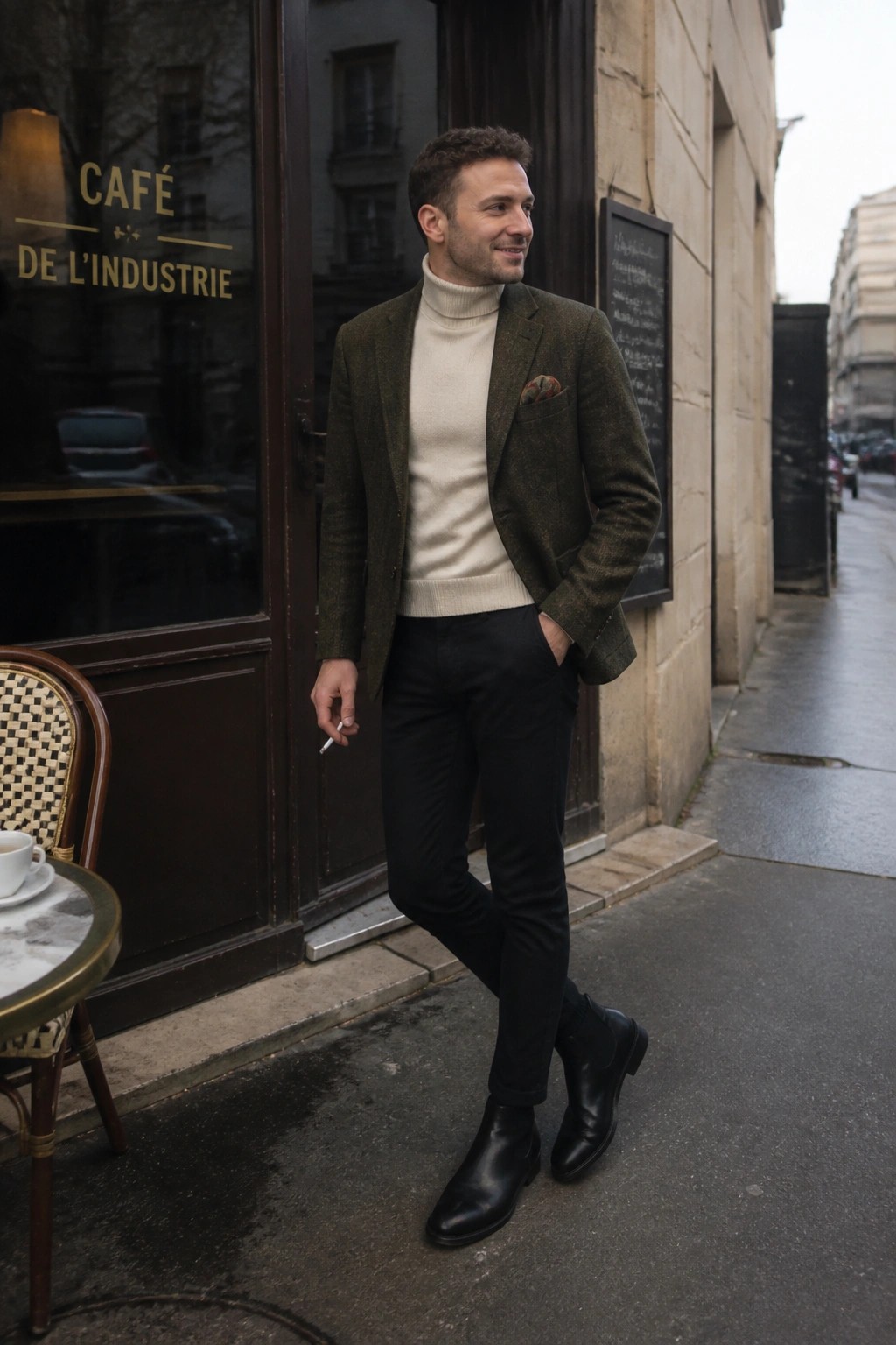 Man in green tweed blazer and cream turtleneck holds cigarette outside cafe